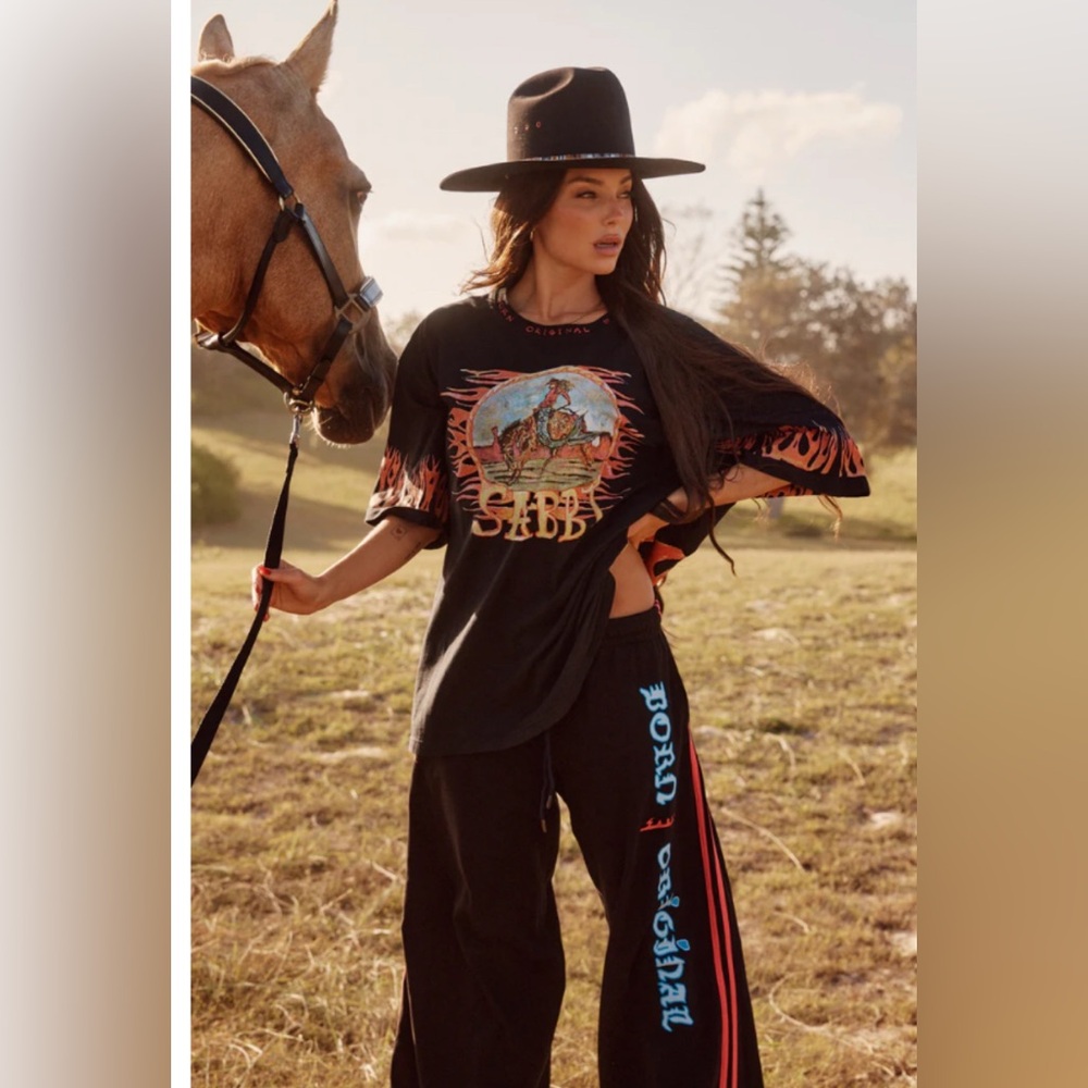 SABBI flaming cowboy chido pants. Size small. Color washed black